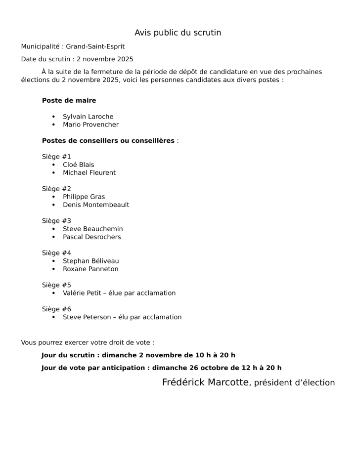 Avis de scrutin 02 novembre 2025